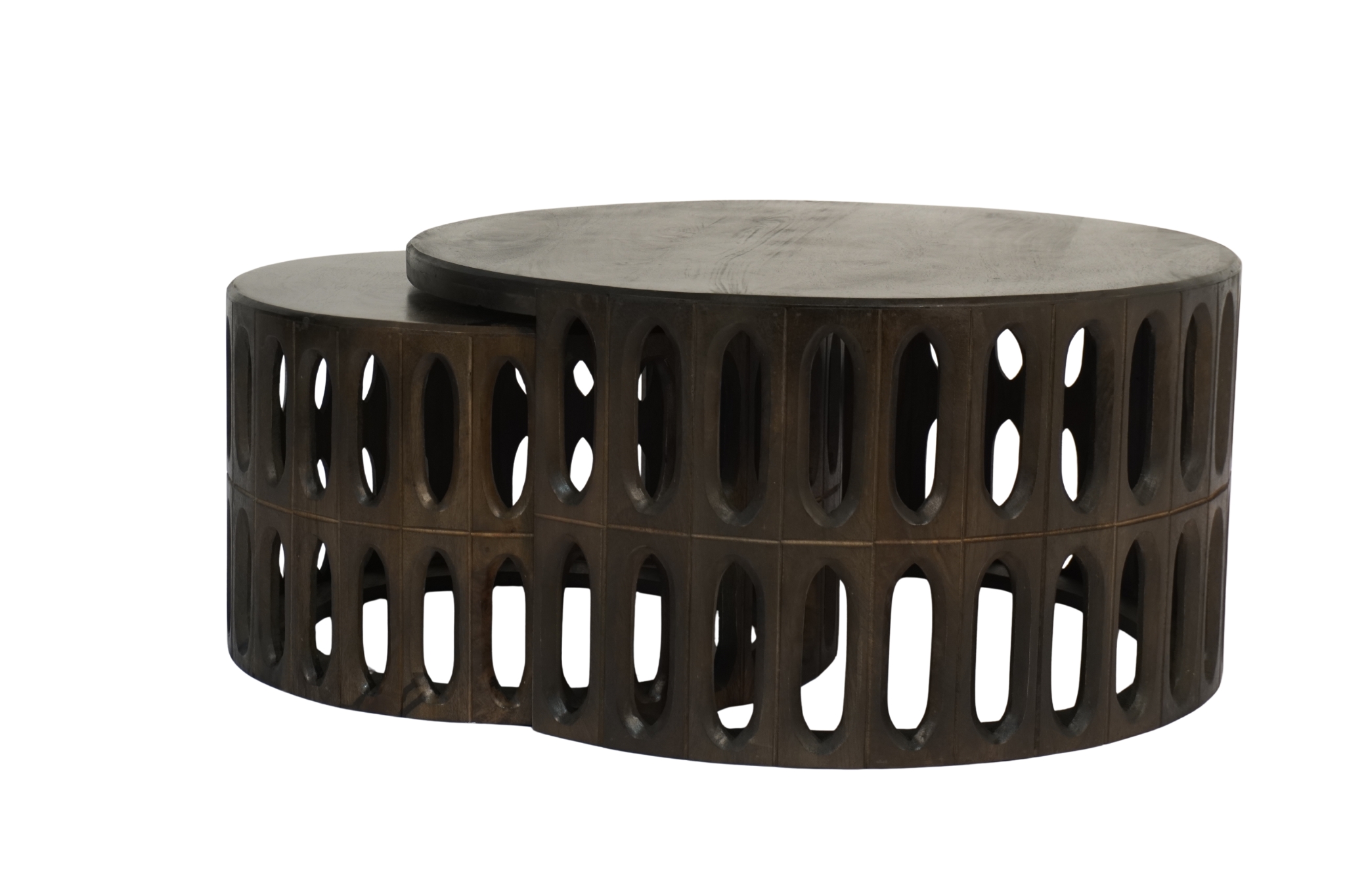 Wooden oval panel carved round set of 2 coffee tables