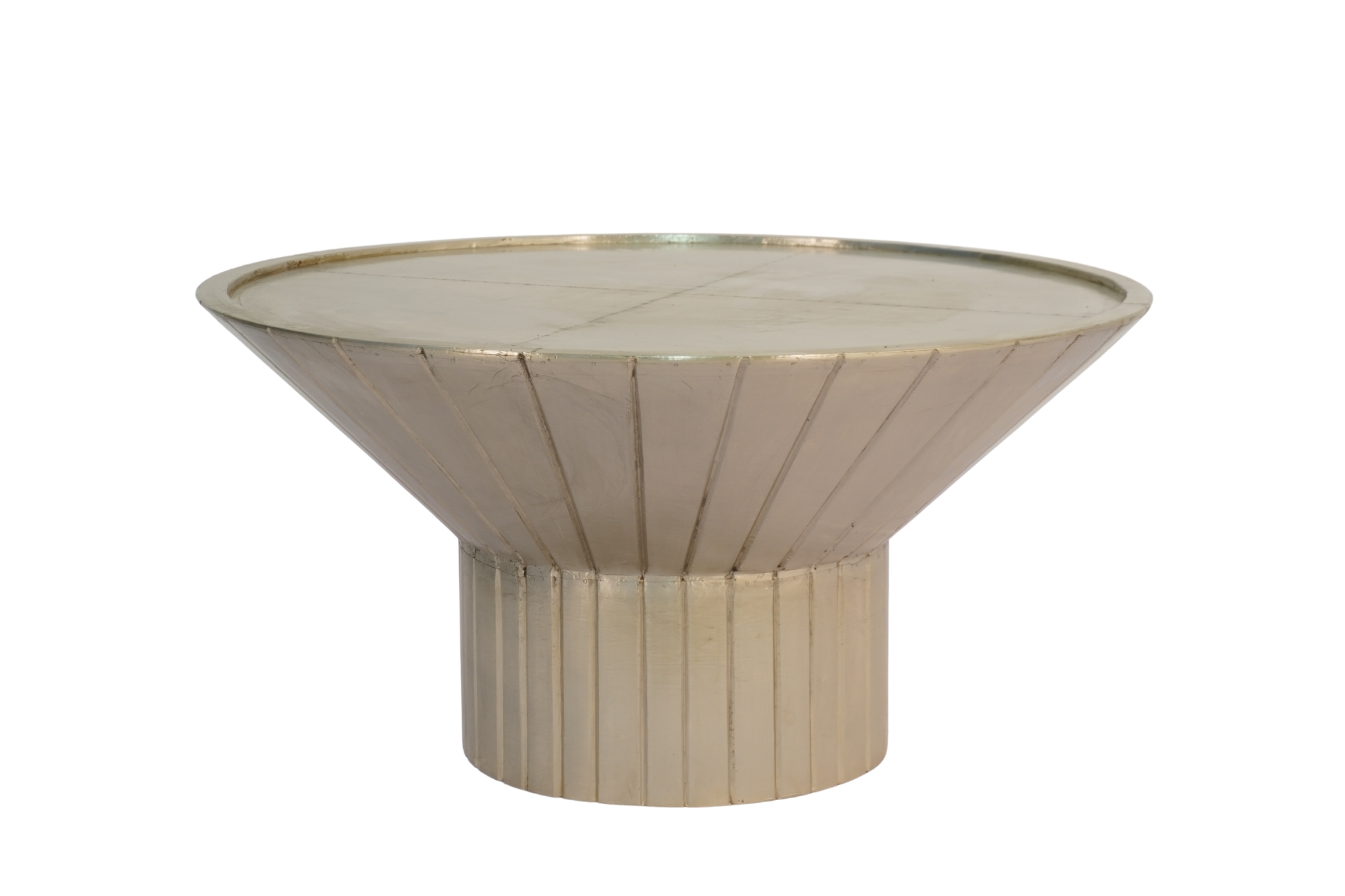 Wooden striped taper round coffee table with white metal cladding