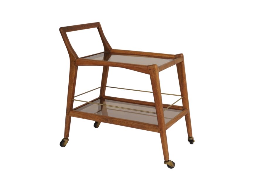 Wooden trolley with brown glass and brass railing