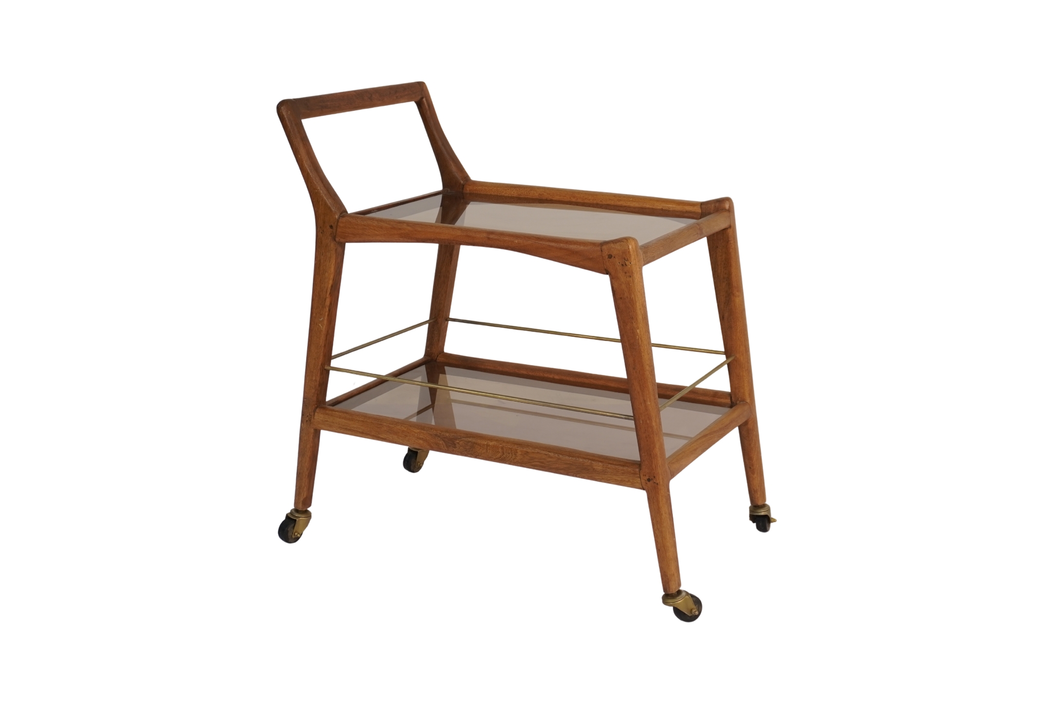 Wooden trolley with brown glass and brass railing