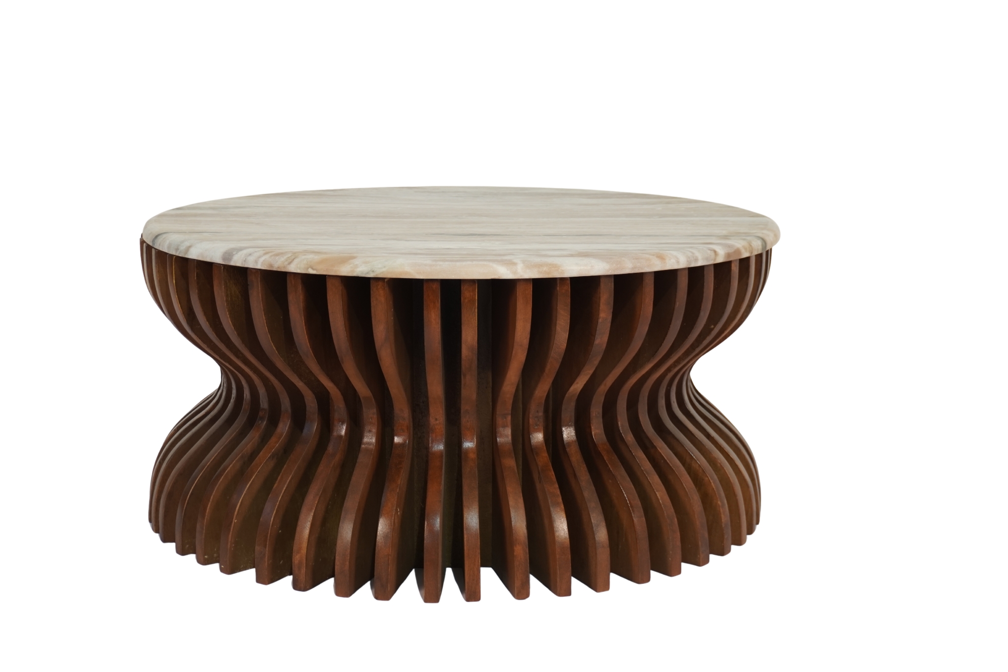Wooden curved multi panel design round coffee table with marble top