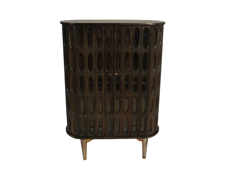 Wooden oval carved 2 door cabinet with glass doors