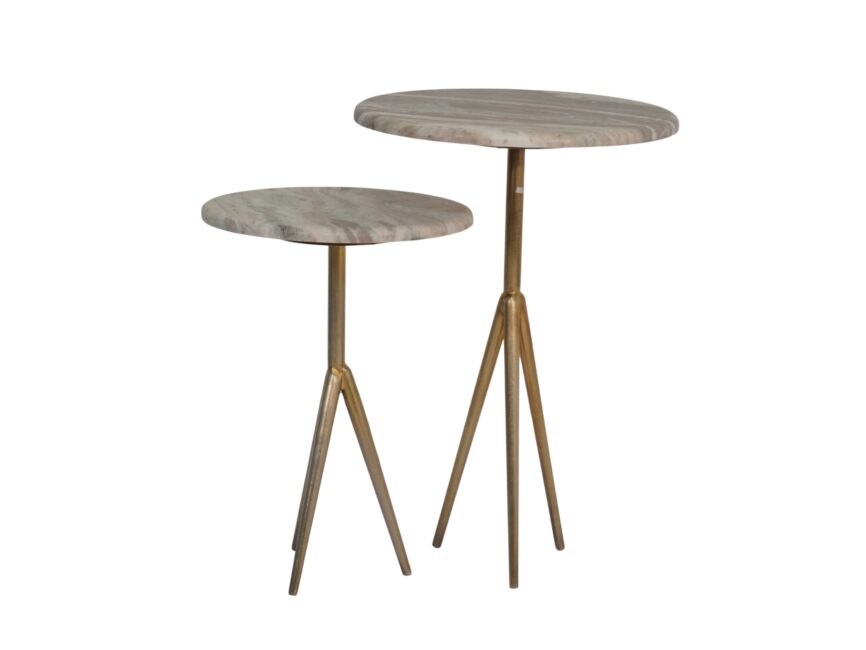 Iron forged tripod design set of 2 tables with marble top