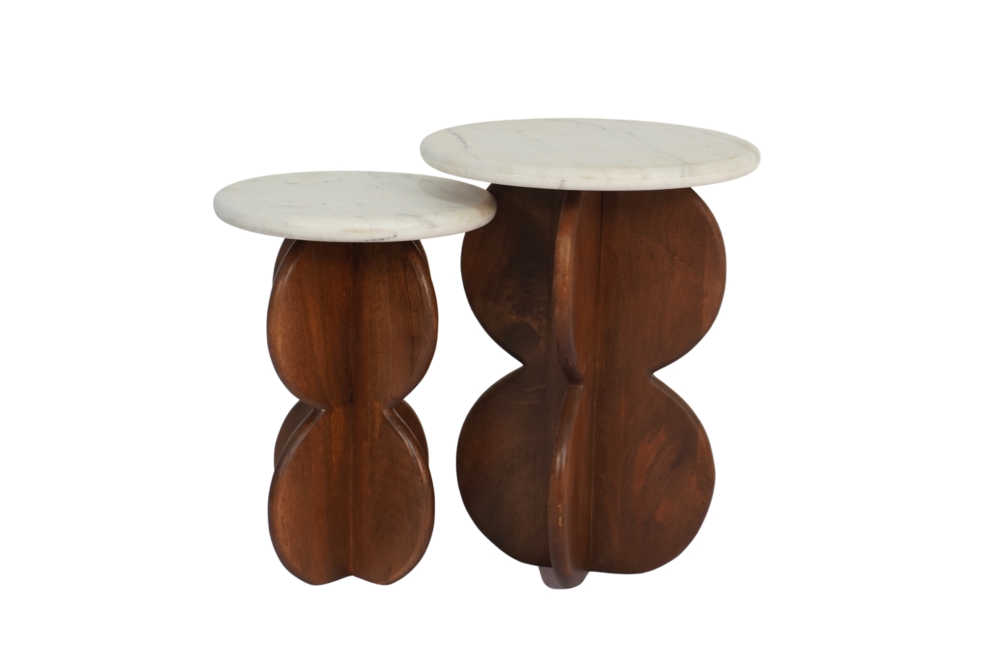 Wooden curved design set of tables with marble top