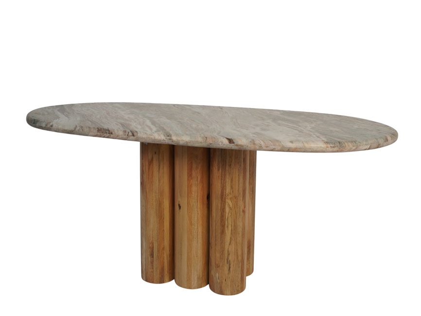 Wooden 6 pillar base capsule shape dining table with thick marble top