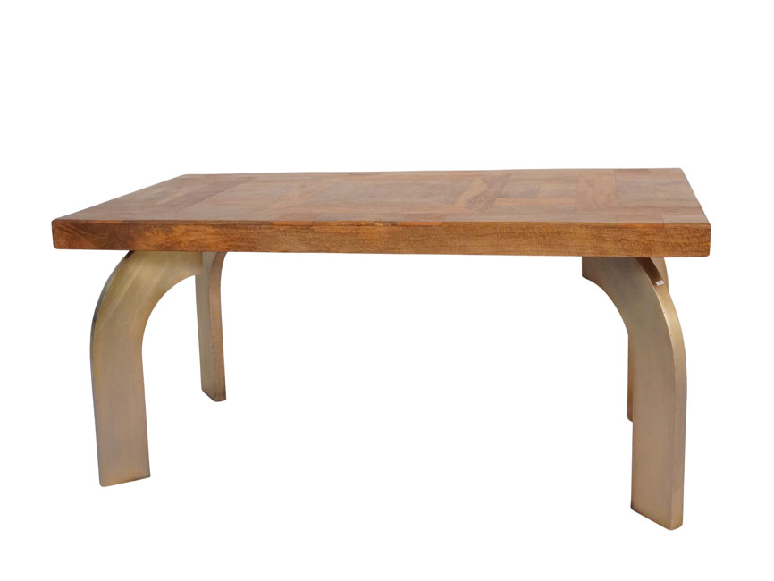 Wooden parqutery top dining table with forged metal base