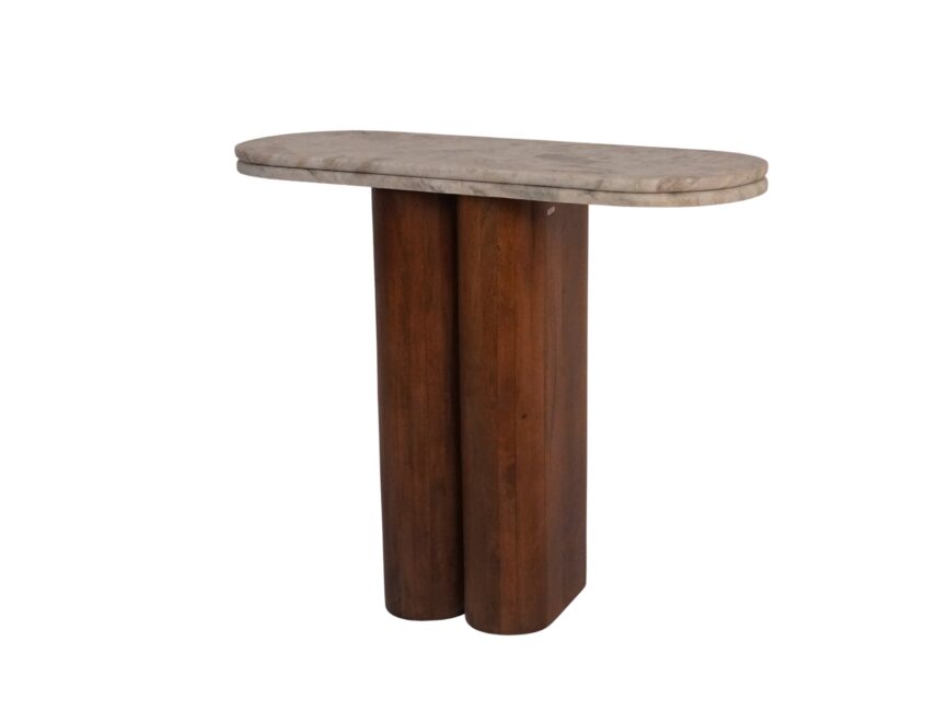 Wooden twin pillar console with grooved marble top