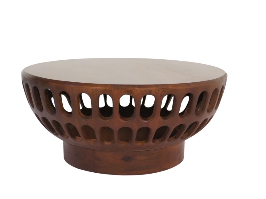 Wooden round coffee table with oval cut out design