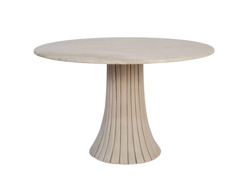 Wooden curved scallop design base dining table with white onyx marble top
