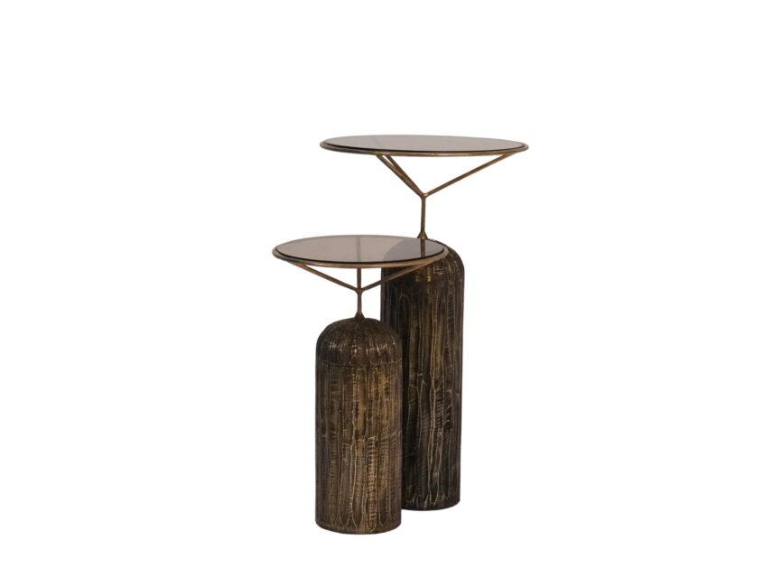 Wooden brass cladded set of 2 tables with glass top