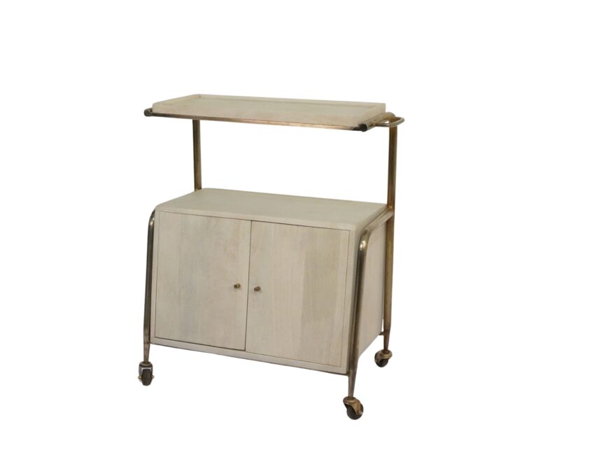 Iron trolley with wooden cabinet and shelf