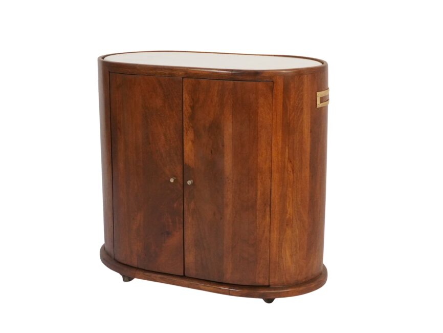 Wooden oval 2 door cabinet trolley with white marble top
