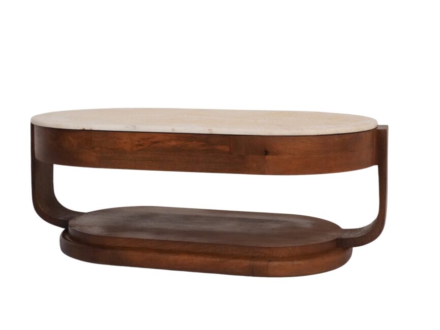 Wooden deco coffee table with hammered design marble top