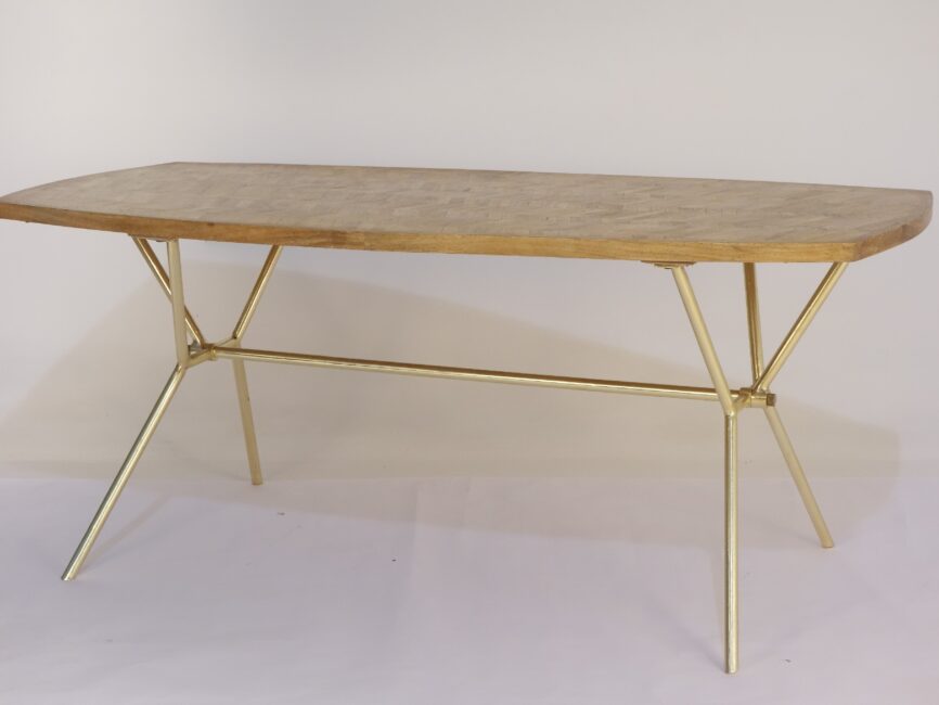 Wooden chevron design dining table on forged metal base