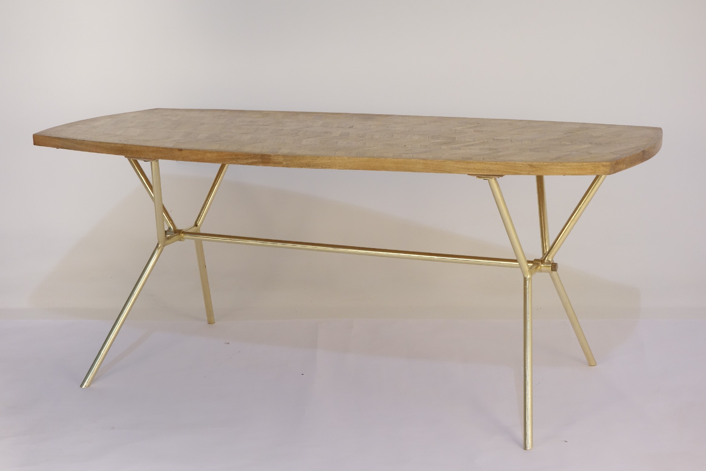 Wooden chevron design dining table on forged metal base