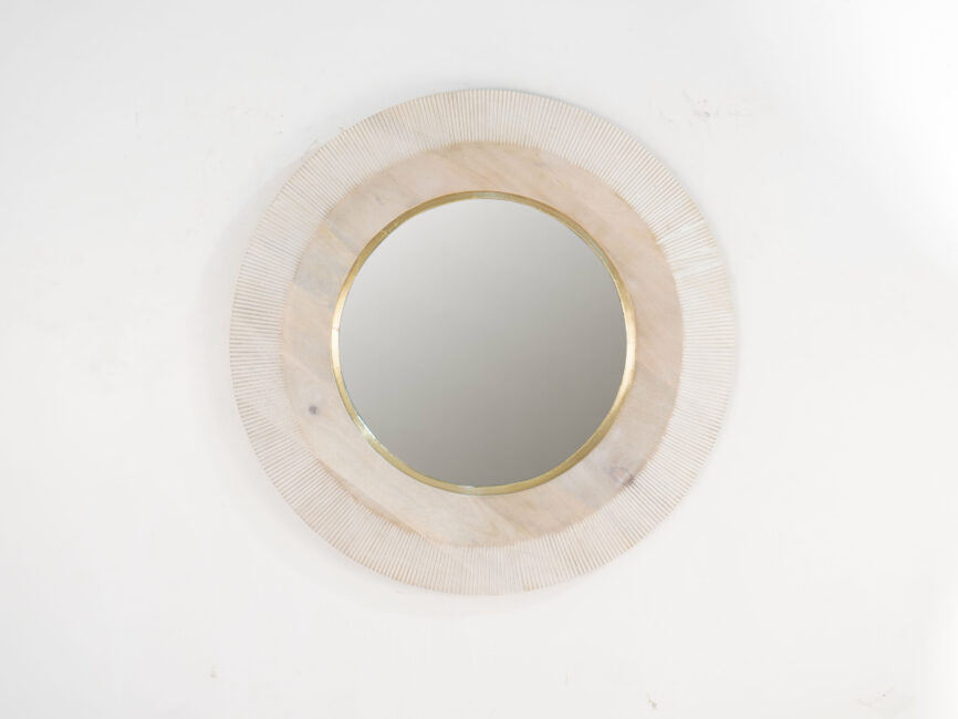 Wooden round carved mirror with plain top layer and brass cladded ring