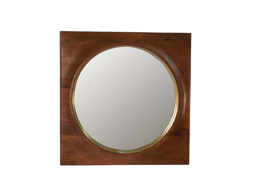 Wooden square mirror with curved design and inside edge brass cladded