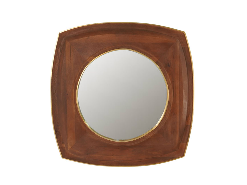 Wooden carved square disc mirror with brass cladded edge
