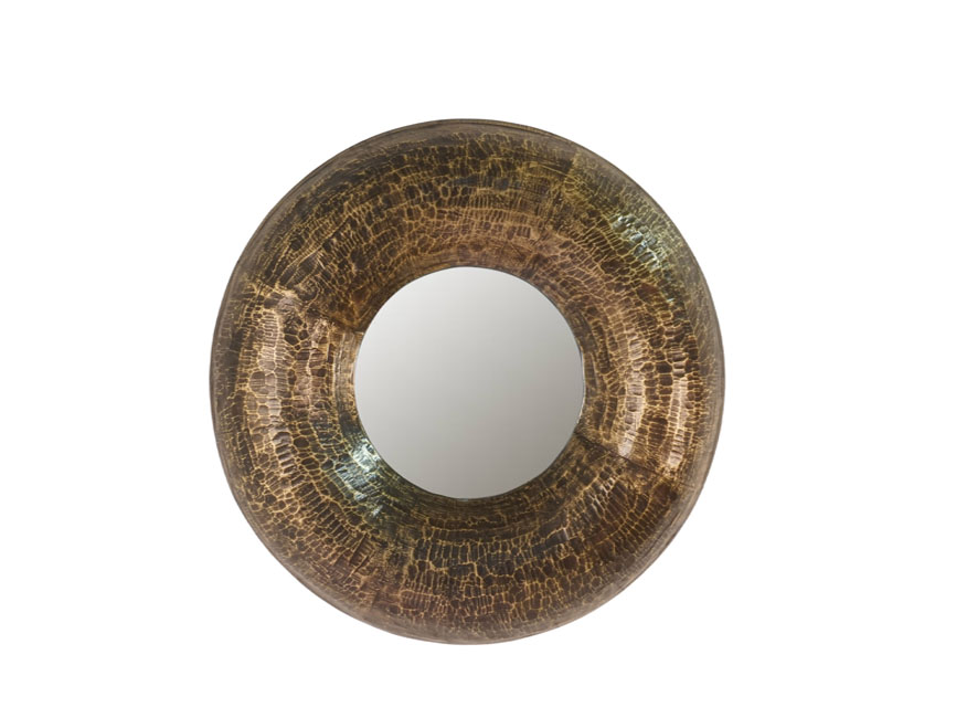 Wooden hammered disc design brass cladded mirror