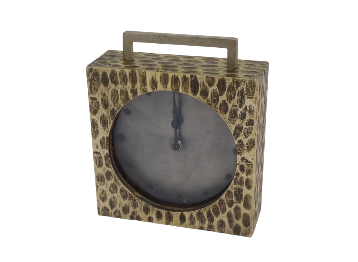 Wooden Square clock with hammered brass sheet and metal handle