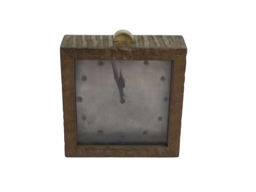 Wooden striped clock with riveted dial
