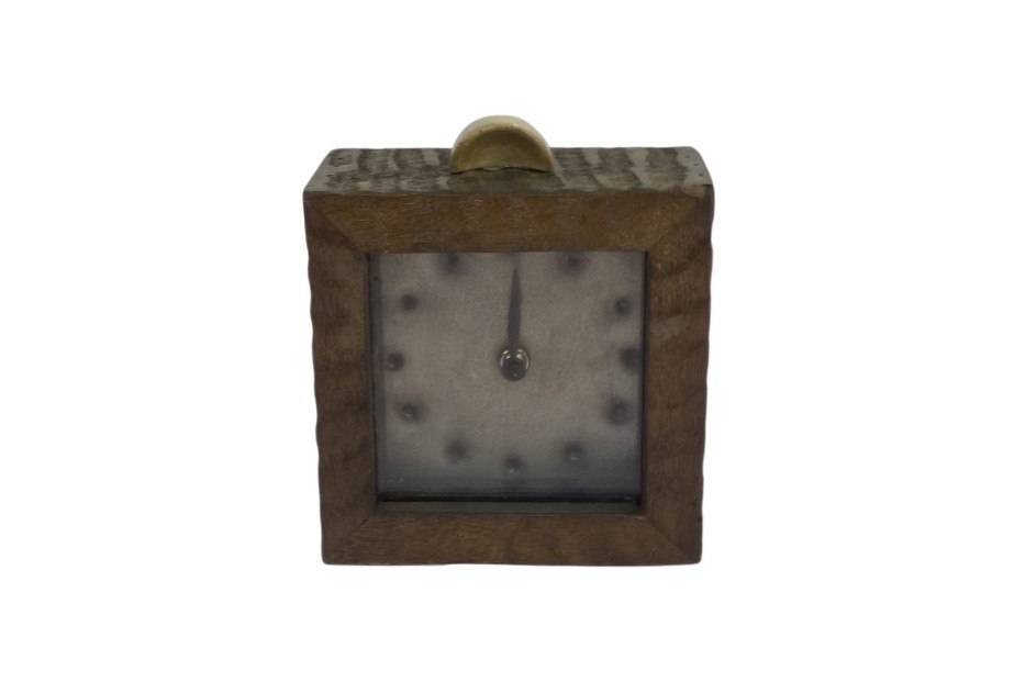 Wooden striped clock with riveted dial