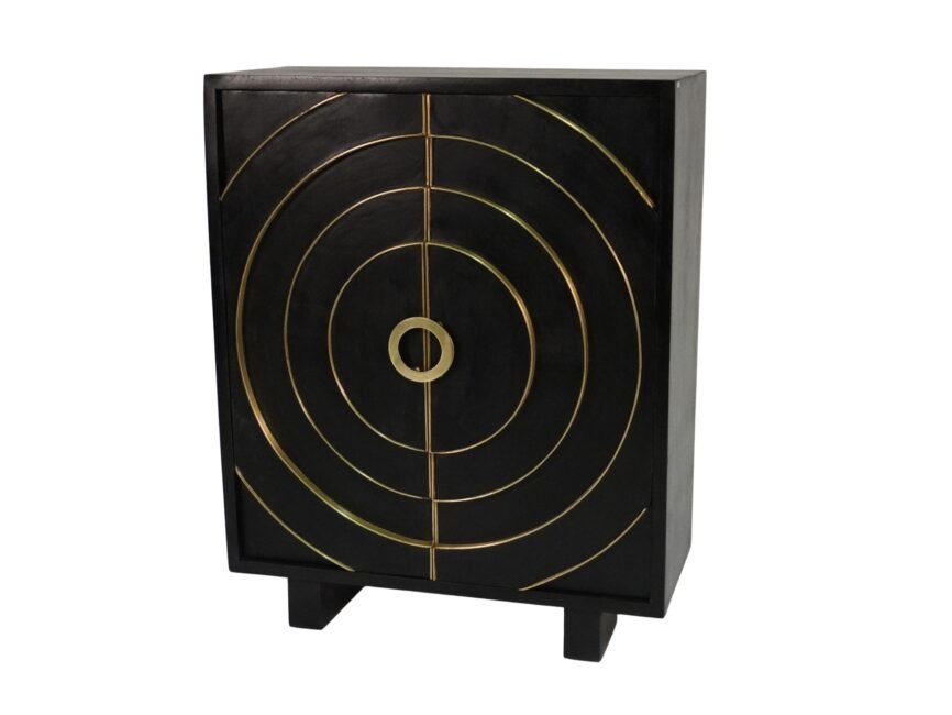 Wooden multi level circle design cabinet with brass cladded edges