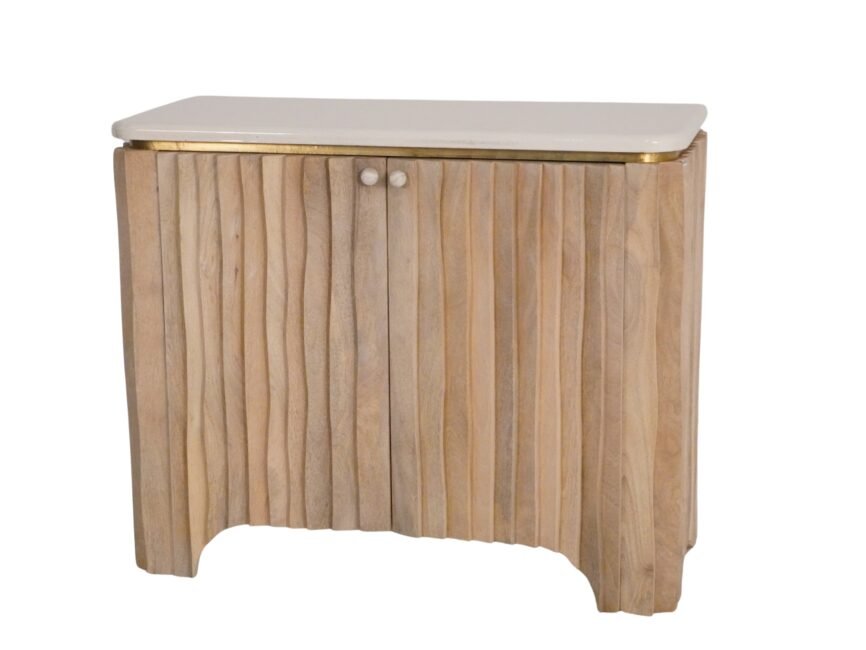 Wooden carved stripe design 2 door cabinet with glossly white top