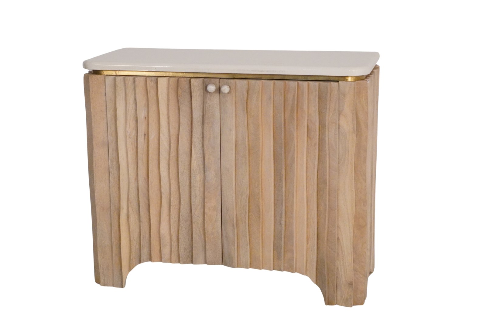 Wooden carved stripe design 2 door cabinet with glossly white top