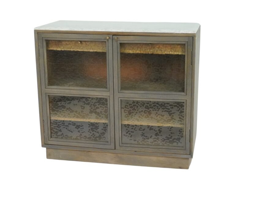 Wooden 2 drawer cabinet with hammered glass doors